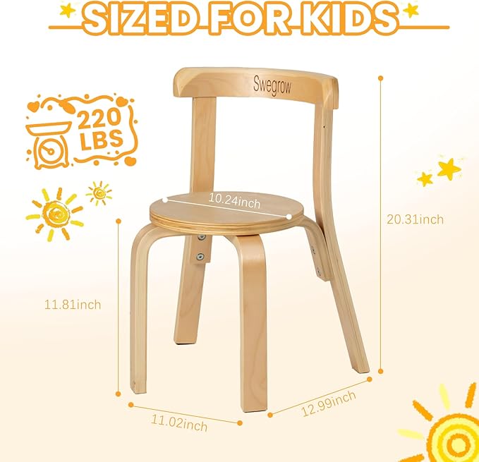 Swegrow Wooden Kids Chair, Toddler Chair for Table, Kids Stackable Chairs, Kid Wooden Furniture for Family/Playroom/Classroom（Set of 2-Natural Wood）