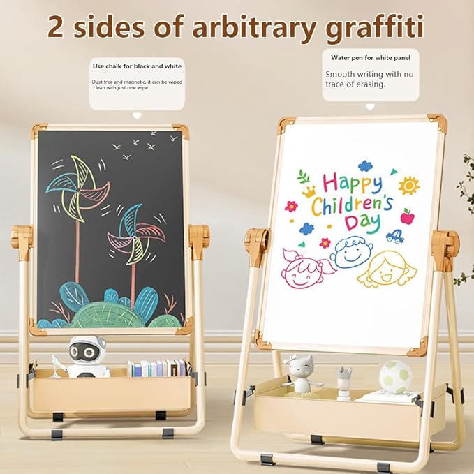 Adjustable Kids Drawing Easel with Magnetic Whiteboard&Chalkboard Double Sided Drawing Board Easy to Clean 360 ° Rotating, Ideal Christmas Gift for Children 36+ Months（44.1"*19"）