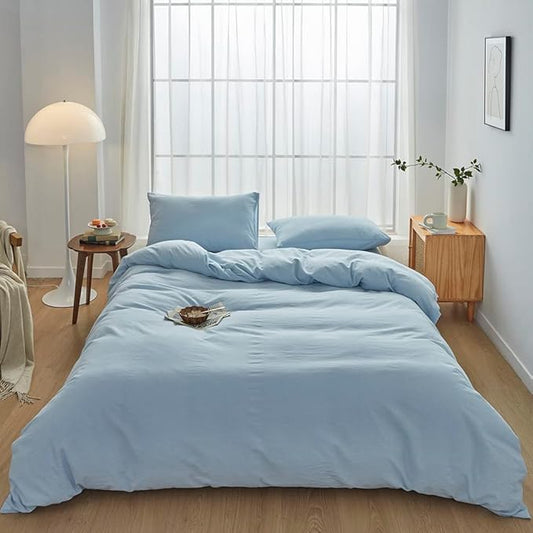 FACE TWO FACE Bedding Duvet Cover Set100% Washed Cotton Duvet Cover Linen Like Textured Breathable Durable Soft Comfy (Queen, Light Cyan)