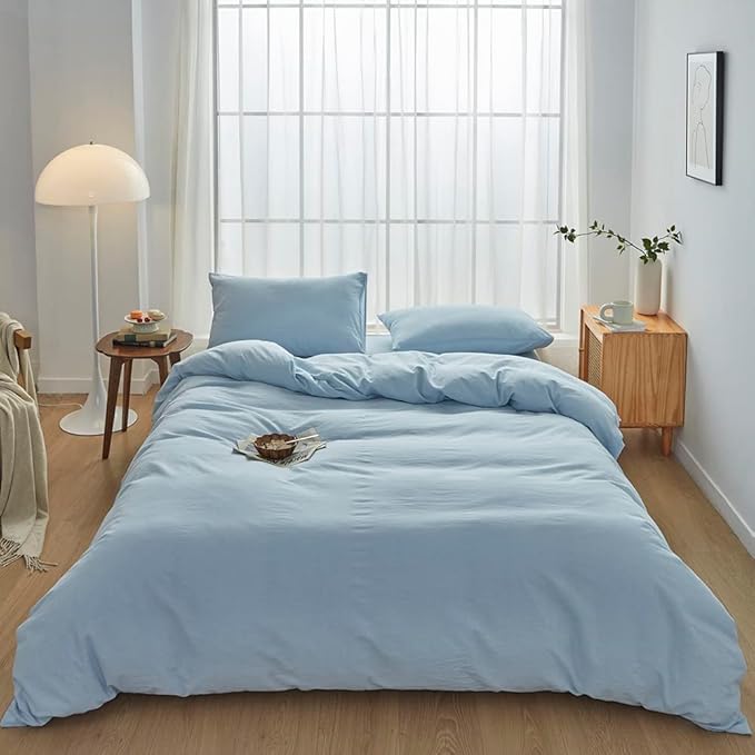 FACE TWO FACE Bedding Duvet Cover Set100% Washed Cotton Duvet Cover Linen Like Textured Breathable Durable Soft Comfy (King, Light Cyan)
