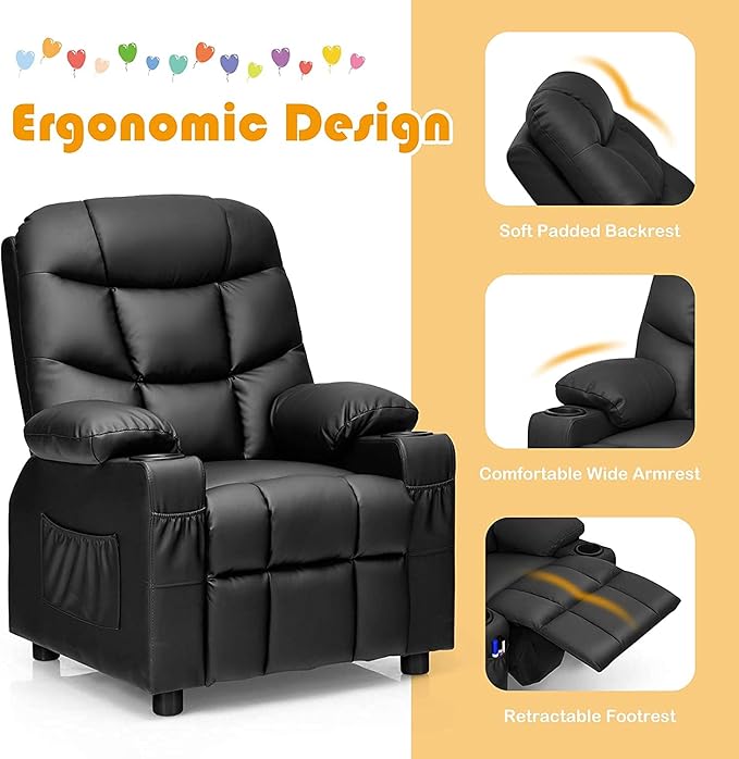 GLACER Kids Recliner Chair w/Cup Holder& Side Pockets, Children Recliner w/Comfortable Backrest, Armrests & Footrest, Toddler PU Leather Recliner for Boys Girls, 3+ Age Group, Black