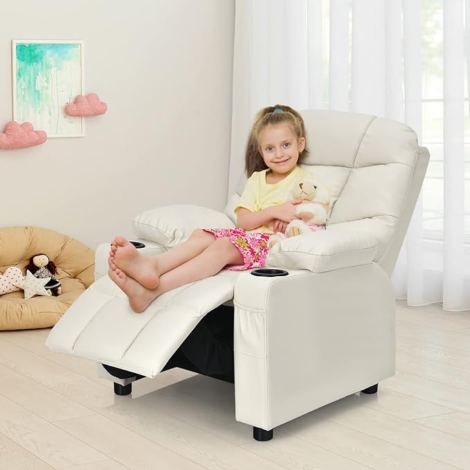 GLACER Kids Recliner Chair w/Cup Holder & Side Pockets, Children Recliner w/Comfortable Backrest, Armrests & Footrest, Toddler PU Leather Recliner for Boys Girls, 3+ Age Group (Beige)
