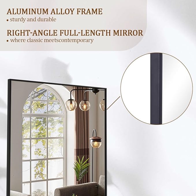 Koonmi Large Mirrors, 65"x24" Full Length Mirror with Stand, Full Body Mirror with Aluminum Alloy Frame, Hanging or Leaning Against Wall Floor Standing Mirrors for Bedroom Living Room, Black