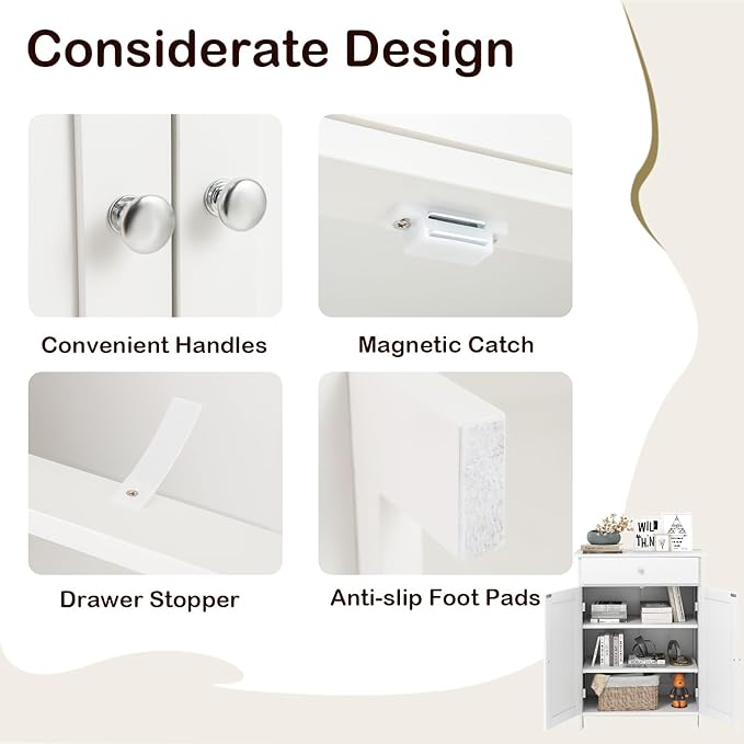 Tangkula Bathroom Storage Cabinet, Freestanding Floor Organizer w/ 2 Doors, 1 Drawer & 1 Adjustable Shelf, Modern Home Bathroom Furniture for Living Room Entryway Kitchen (Cabinet & Drawer, White)