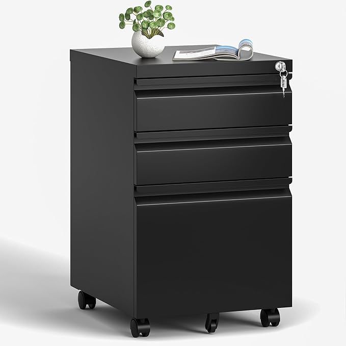 File Cabinet, Vertical File Cabinets with Lock for Home Office,Heavy Duty Office Steel Filing Cabinet for Hanging Letters/Legal/A4 (Black, 3 Drawers-Wheel)