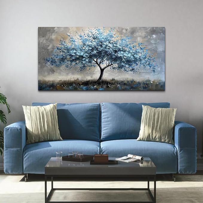 MHARTK66 Farmhouse Wall Art For Living Room Canvas Wall Decor For Bedroom Blue Tree Landscape Wall Pictures Artwork Large Stretched and Framed Canvas Paintings Ready to Hang for Office Home Decor