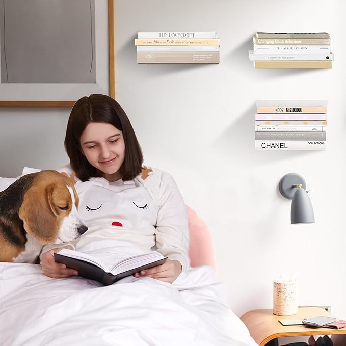 Invisible Floating Bookshelf - Modern White Wall Mount Metal Shelves for Room, Bedroom Bookcase, Small Bookshelf with Minimalist Design, Sleek Storage for Books & Decoratives（4PCS）