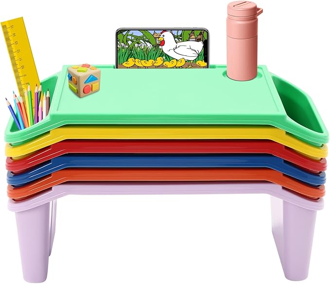 6 Pcs Kids Lap Desk Tray, Plastic Breakfast Lap Desk Trays with Side Pockets and Slot, Portable Lap Table Snack Tray for Eating, Writing, Drawing, Game, 19.69" L x 9.84" W x 7.1" H (6 Colors)