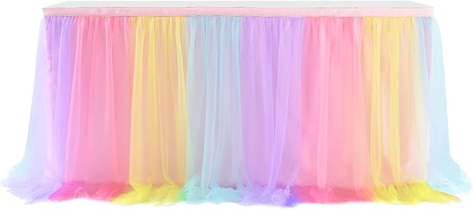 Suppromo Rainbow Table Skirt for Baby Shower Girl Birthday Party 9ft Tulle Tutu Table Skirt Decorations for Gender Reveal Unicorn Theme Party Decorations(L9(ft) H 30in, Rainbow)