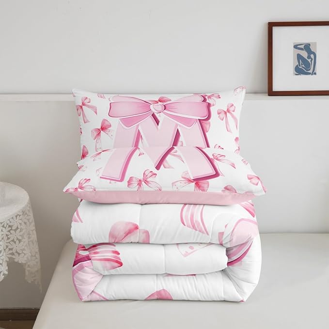 jejeloiu Kids Girls Cute Pink Bow Comforter Set Full Size Monogrammed Bedding Set Ultra Soft Personalized Initial M Duvet Quilt Coquette Bow Knot Quilt Set Room Decor Modern Fashion Comforter