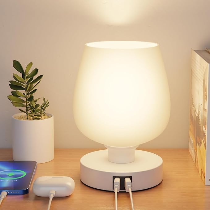 Touch Bedside Table Lamp - Modern Small Lamps for Bedroom Living Room Nightstand, Desk Lamps with White Opal Glass Lamp Shade, Warm LED Bulb, 3 Way Dimmable, Bulb Included