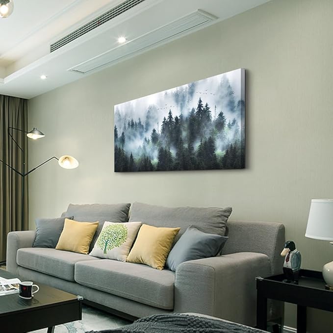 Wapluam Foggy Forest Landscape Wall Pictures Canvas Wall Art For Living Room Wall Decor For Office Bedroom Wall Decorations Framed Canvas Prints Artwork Modern Wall Painting Home Decoration 24"X48"
