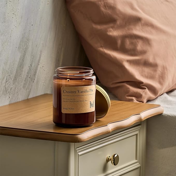 M&SENSE Creamy Vanilla Pie Home Scented Candle | 19.4oz, 116-Hour Burn | Natural Organic Soy Wax | Long-Lasting for Stress Relief and Gifting | for Bedroom，Relaxing SPA，Office