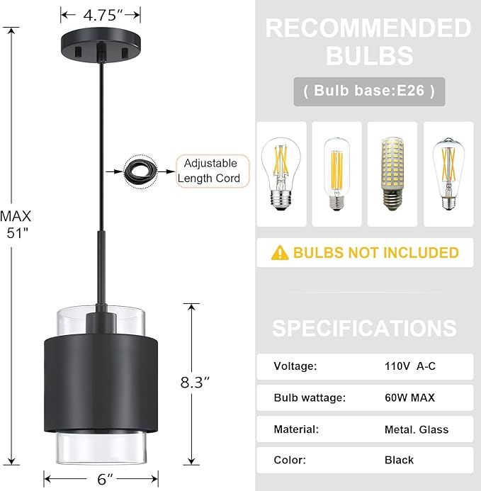 3 Pack 1 Light Hanging Kitchen Island Pendant Light 6" Drum Clear Glass Shade Indoor Pendant Ceiling Light Fixturess,Dark Gray Finish Modern Farmhouse Dinning Over Sink
