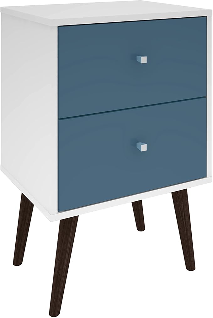 Manhattan Comfort Liberty Mid Century Modern Nightstand with Drawers, Bedside Table for Bedroom and Living Room, Night Stand Accent Decor, Easy Assembly, White/Blue