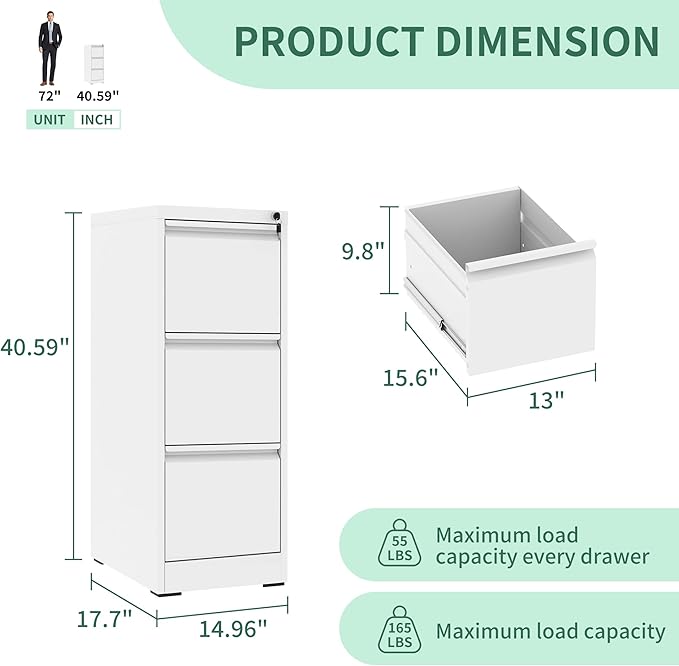File Cabinet, Vertical File Cabinets with Lock for Home Office,Heavy Duty Office Steel Filing Cabinet for Hanging Letters/Legal/A4, Assembly Required (White, 3 Drawers)