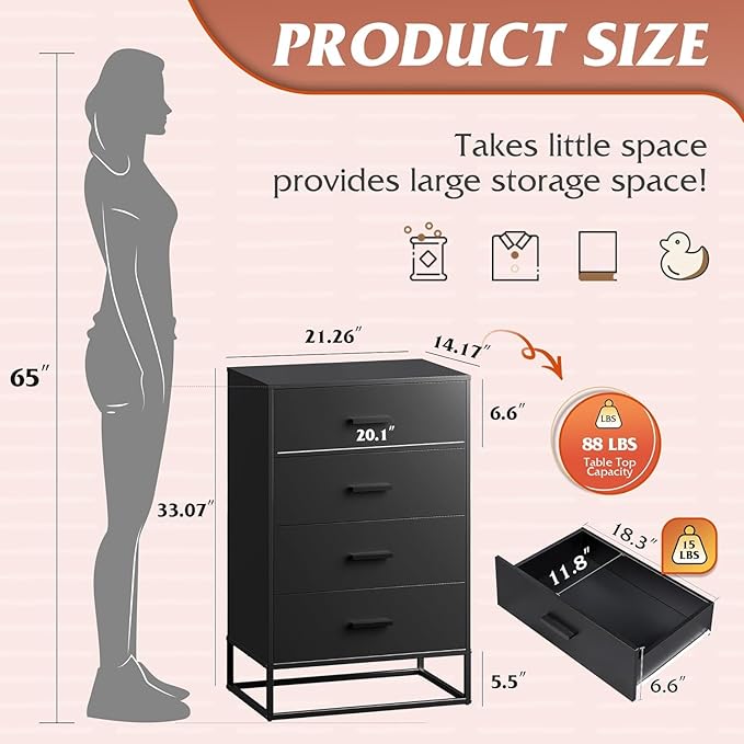 WLIVE Black Dresser for Bedroom with 4 Drawers, Tall Wood Dresser with Sturdy Metal Frame, Wooden Chest of Drawers for Hallway, Living Room, Closet