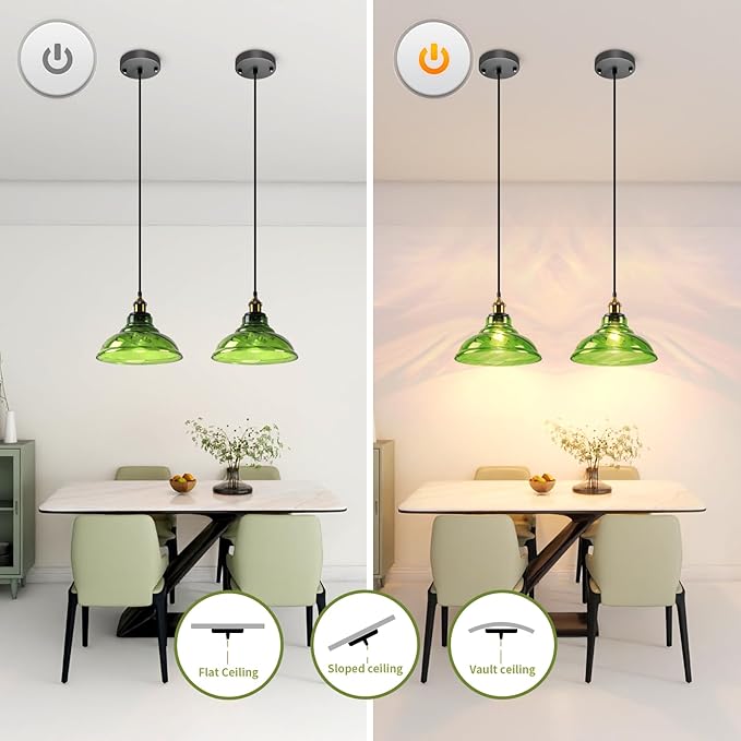 Vintage Pendant Light, Mid Century Modern Pendant Light with Hand Blown Green Glass Shade,Gold 1-Light Farmhouse Chandelier Ceiling Hanging Light fixtures for Dining Room Bedroom
