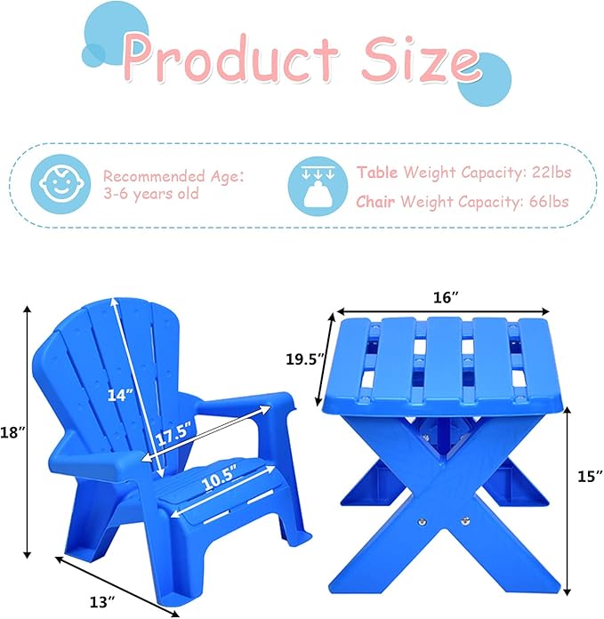 Costzon Kids Table and Chair Set, Outdoor Toddler Activity Table and Adirondack Chairs for Picnic, Garden, Patio, Backyard & Beach, Kids Outdoor Table and Chair Set (Blue)