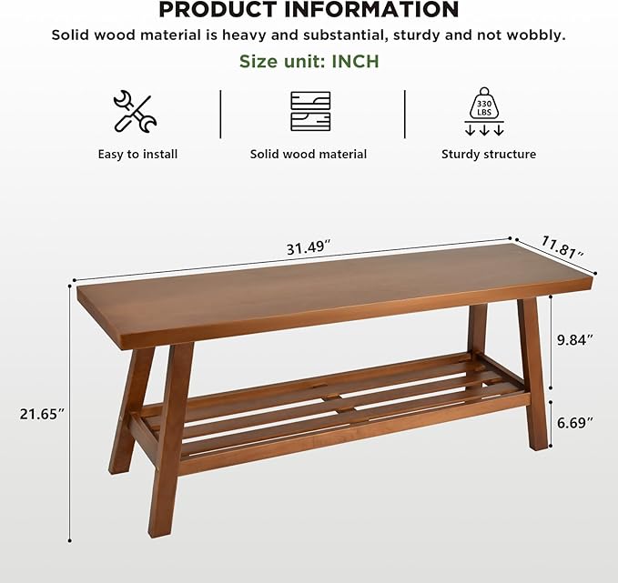 31.5" Farmhouse Solid Wood Bench, Small Long Rustic Storage Entryway Bench for Indoor, Bedroom,Dining Room, Living Room and Hallway