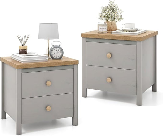 Giantex Night Stand with 2 Drawers Set of 2, Farmhouse Bedside Table with Cute Round Knobs, Wooden Floor End Table with Rubber Wood Legs, Small Sofa Side Table for Small Space Kids Bedroom, Grey