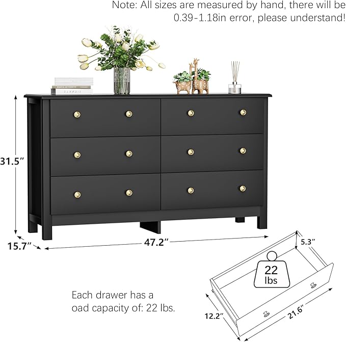 Black Dresser for Bedroom, Dressers & Chests of Drawers with Large Drawer, Wooden Double Dresser for Bedroom, Closet