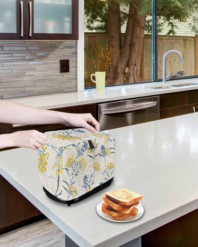Toaster Cover 2 Slice Spring Summer Flowers Toaster Oven Cover with Pockets Yellow Berry Floral Plant Bakeware Protector Small Kitchen Appliance Dust Covers and Fingerprint Protection for Women