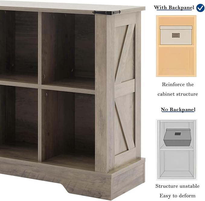 6 Cube Storage Organizer, 2 Tier Bookshelf for Living Room, Farmhouse Bookcase with Led, Kids Toy Storage Cabinet, Wall Cubby Shelves for Home Decor, Wood Display Cabinet for Bedroom, Grey