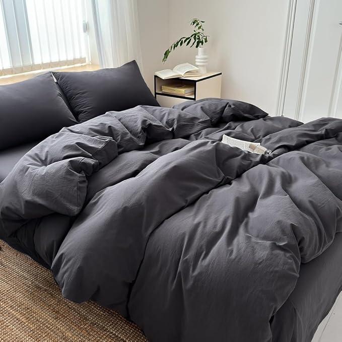 FACE TWO FACE Bedding Duvet Cover Set100% Washed Cotton Duvet Cover Linen Like Textured Breathable Durable Soft Comfy (Twin, Volcanic Black)
