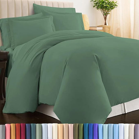 Pizuna Pure 100% Cotton Full Duvet Cover Set, Luxurious 400 Thread Count Long Staple Cotton Sateen Weave with Button Closure (Combed Hedge Green Cotton Duvet Cover Full)