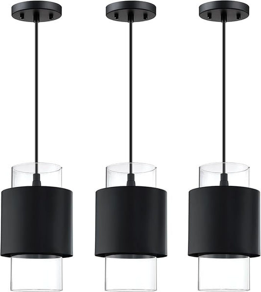 1 Light 3 Pack Hanging Indoor Kitchen Island Pendant Light 6" Drum Glass Shade Pendant Ceiling Light Fixtures Modern Farmhouse Dinning Over Sink (Black Finish)