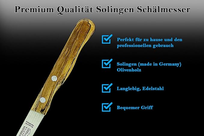 SMI - Paring Knife Fruit Knife Vegetable Knife Olive Wooden Handle Stainless Steel Solingen Knife Made in Germany - Not Dishwasher Safe