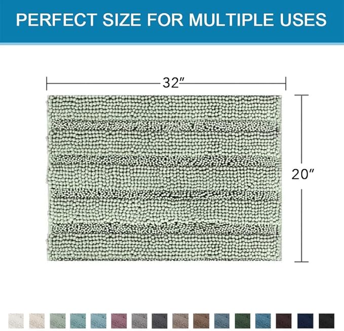 H.VERSAILTEX Bath Rugs for Bathroom Non Slip Bath Mats Extra Thick Chenille Striped Rug 20" x 32" Absorbent Non Skid Fluffy Soft Shaggy Washable Dry Fast Plush Mat for Indoor, Bath Room, Tub - Sage
