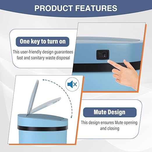 PayLessHere 13 Gallon Trash Can Kitchen Trash Can Automatic Garbage Can with Lid Touch Free High-Capacity Motion Sensor for Kitchen Bedroom Bathroom Office Trash Bin (1, Blue Stainless Steel)