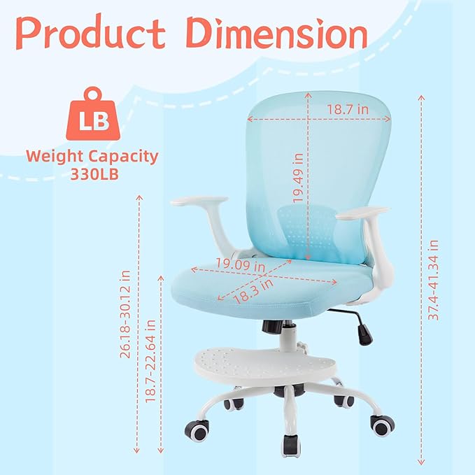 Kids Desk Chair Ergonomic Study Chair Swivel Mesh Desk Chair with Adjustable Arm Height Footrest Wheel Computer Home Office Chair for Children Boys Girls Students Bedroom School Age 5-13 Grey