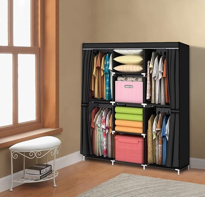 Portable Closet 50 Inch Wardrobe for Hanging Clothes with Non-Woven Fabric Cover, 4 Hang Rods and 4 Storage Organizer Shelves, Brown, Quick and Easy Assembly