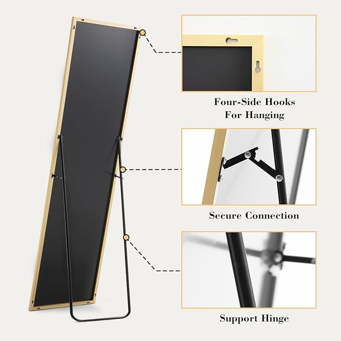 OLIXIS Full Length Gold Mirror 59.2"x16" for Bedroom, Full Body Mirror with Stand, Hanging or Leaning for Wall, Aluminum Alloy Thin Frame Floor Standing for Living Room, Long
