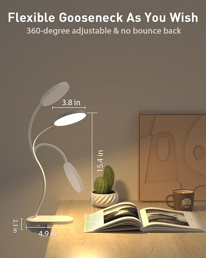 Diomart Reading Lights for Books in Bed, LED Desk Lamp with Clamp, Clip on LED Night Light with Timer & Dimmable, Rechargeable Eye Care Red Night Light for Desk, Studying, Kids, Headboard