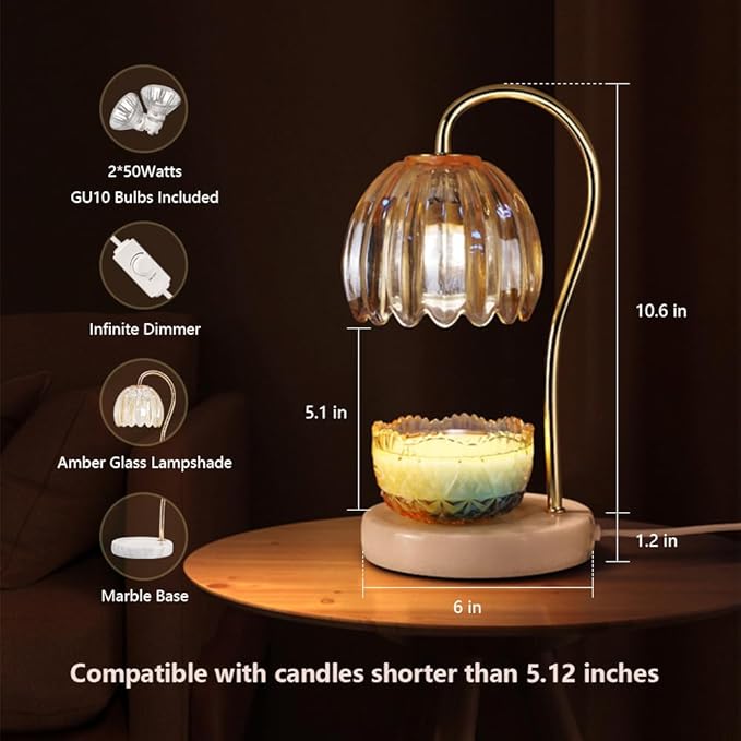 Candle Warmer Lamp, Electric Candle Lamp Warmer with 2 Bulbs for Scented Candles, Dimmable Wax Melt Warmer with Marble Base for Home Bedroom Décor Aesthetic House Warming Gifts