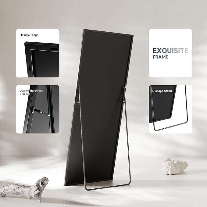 69"x24" Full Length Mirror,Black Tempered Glass Rectangle Floor Standing Mirrors, Wall Mounted Hanging Aluminum Alloy Frame Bedroom Floor
