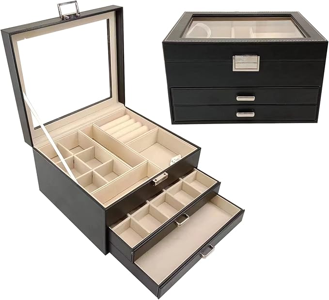 BOOVO Clear Lid Jewelry Box,3 Layers Jewelry Organizer Large Multi-Functional Jewelry Storage Box with 2 Drawers,Jewelry Display Case of Rings Earrings Necklace Bracelets for Women Girls (Black)