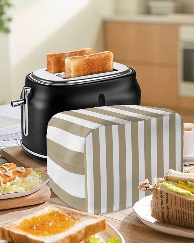 Toaster Cover 2 Slice Khaki Stripes Toaster Oven Cover with Pockets Browm Vertical Striped Dustproof Bakeware Protector Small Kitchen Appliance Dust Covers and Fingerprint Protection for Women