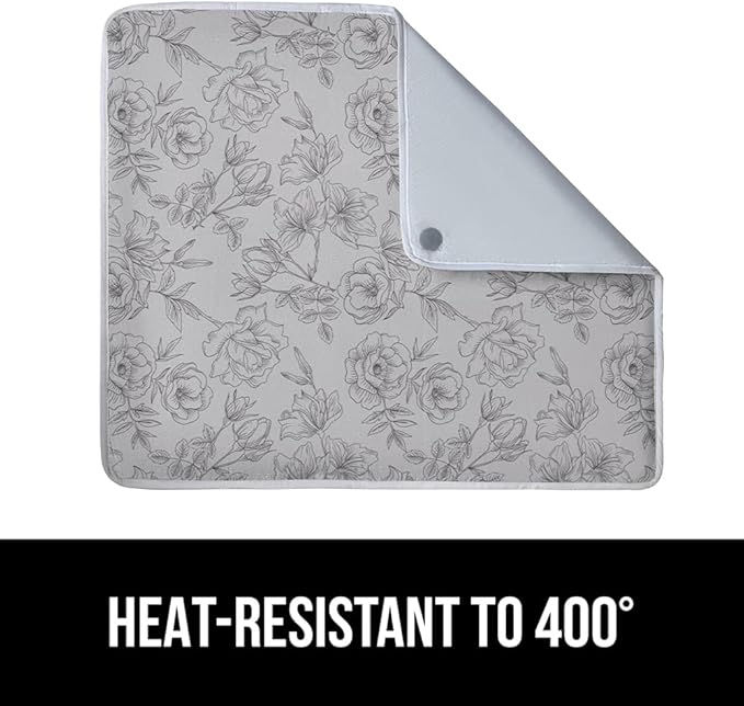 GORILLA GRIP Ironing Mat, Portable Iron Pad, Magnetic Cover and Padding for Top of Washer, Dryer, Tabletop, Countertop, Silicone Coating and Scorch Resistant, Travel Size 28x24, Gray Floral