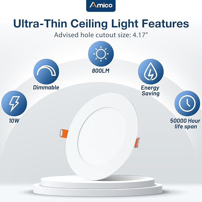 Amico 4 Pack 4 Inch 5CCT Ultra-Thin LED Recessed Dimmable Ceiling Light with Junction Box, 2700K/3000K/3500K/4000K/5000K Selectable, 10W Eqv 60W, 800Lumens, High Brightness Downlight - ETL&FCC