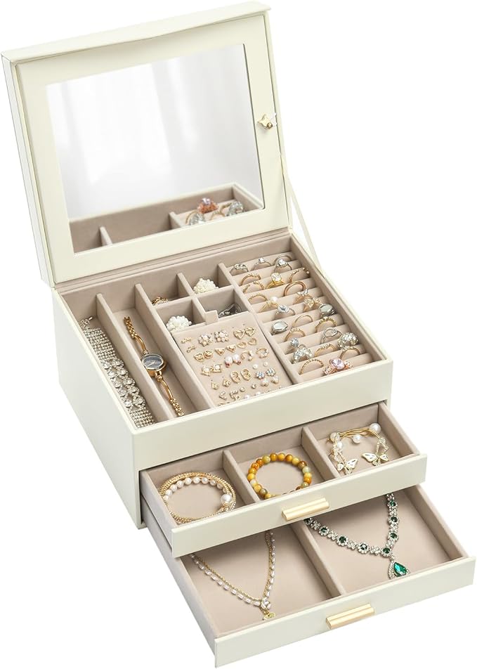 Amearea Jewelry Box Organizer for Women Girls with Mirror, 3-Layer Large Jewelry Storage Case, Synthetic Leather Jewelry Holder Organizer with Removable Tray for Necklaces Earrings Rings, White