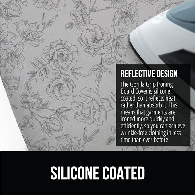The Original GORILLA GRIP Ironing Board Cover and Pad, Silicone Coating, Thick Scorch Resistant Padding, Heavy Duty Iron Covers Standard Boards, Hook and Loop Fastener Strap, Gray Floral, 15x54