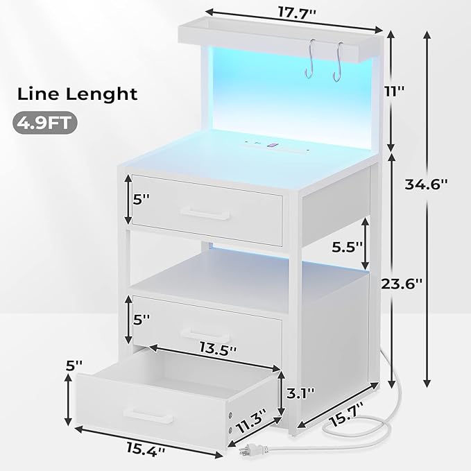 Nightstand with Charging Station and LED Lights, LED Night Stand with 2 USB Ports and 2 AC Outlets, Modern End Table with 3 Drawers, Bedside Table with Open Storage for Bedroom, White