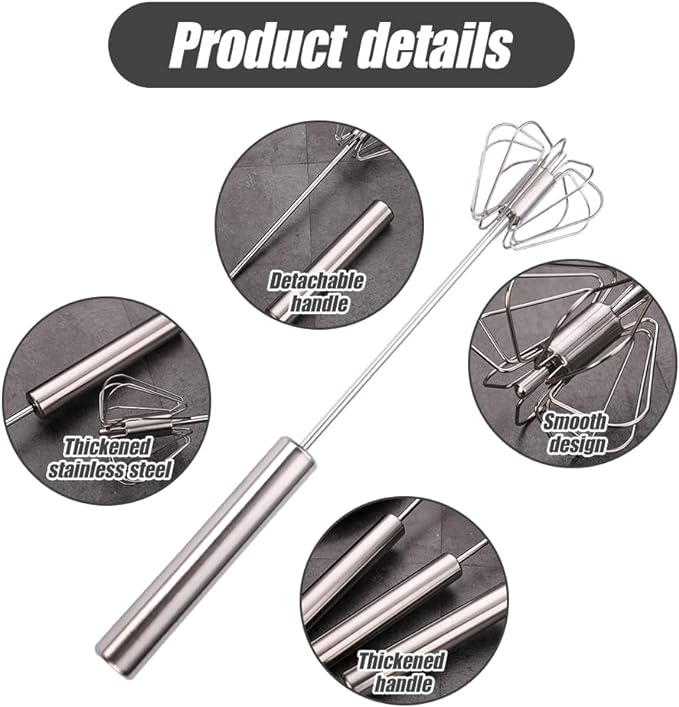 2025 Upgrade Stainless Steel Egg Whisk, Semi-Automatic Hand Push Mixer Stirrer Whisk Blender, Stainless Steel Whisks Blender for Blending, Beating & Stirring (12inch)