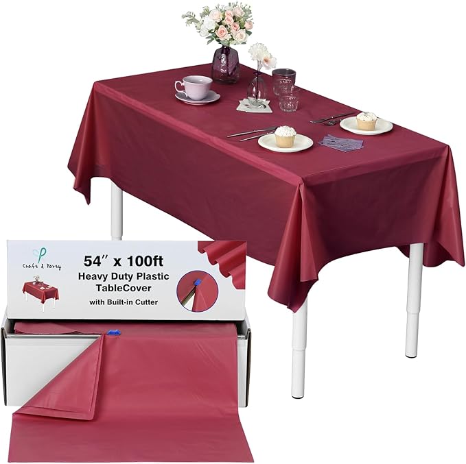 Craft And Party, 54 in x 100 feet Plastic Table Cover Roll for Party, Banquet, Picnic, Kids Activities for Any Size and Shape Table (Burgundy, 54" x 100ft)