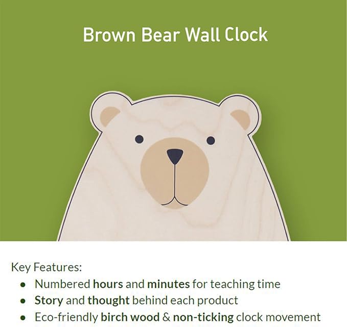 Silent Kids Wall Clock - Non-Ticking, Decorative, Cute Wooden Clock for Nursery, Children, Toddler, Baby Room, Battery Operated - Bear, Unicorn, Owl (Brown Bear)